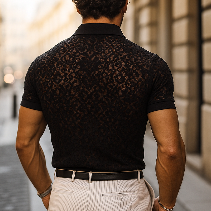 Polo Casual Uomo con Colletto in Pizzo e Maniche Corte