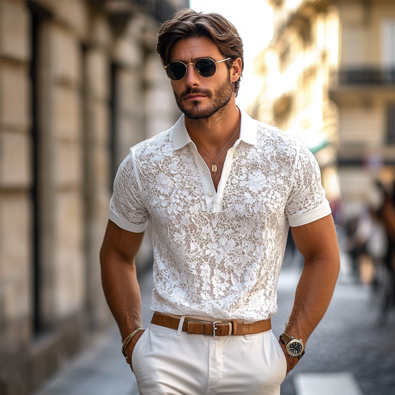 Polo Casual da Uomo con Collo in Pizzo e Maniche Corte