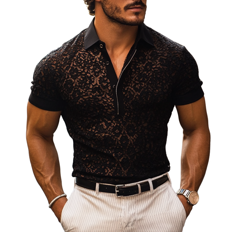 Polo Casual Uomo con Colletto in Pizzo e Maniche Corte