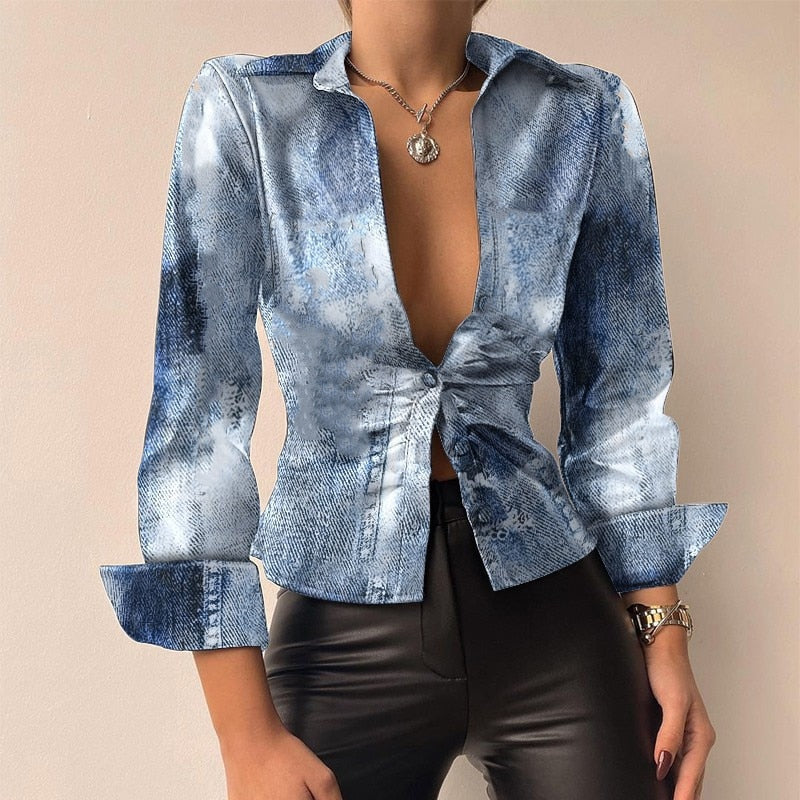Silvia™ | Blusa in PU Pelle Patchwork con Scollo a V e Maniche Lunghe