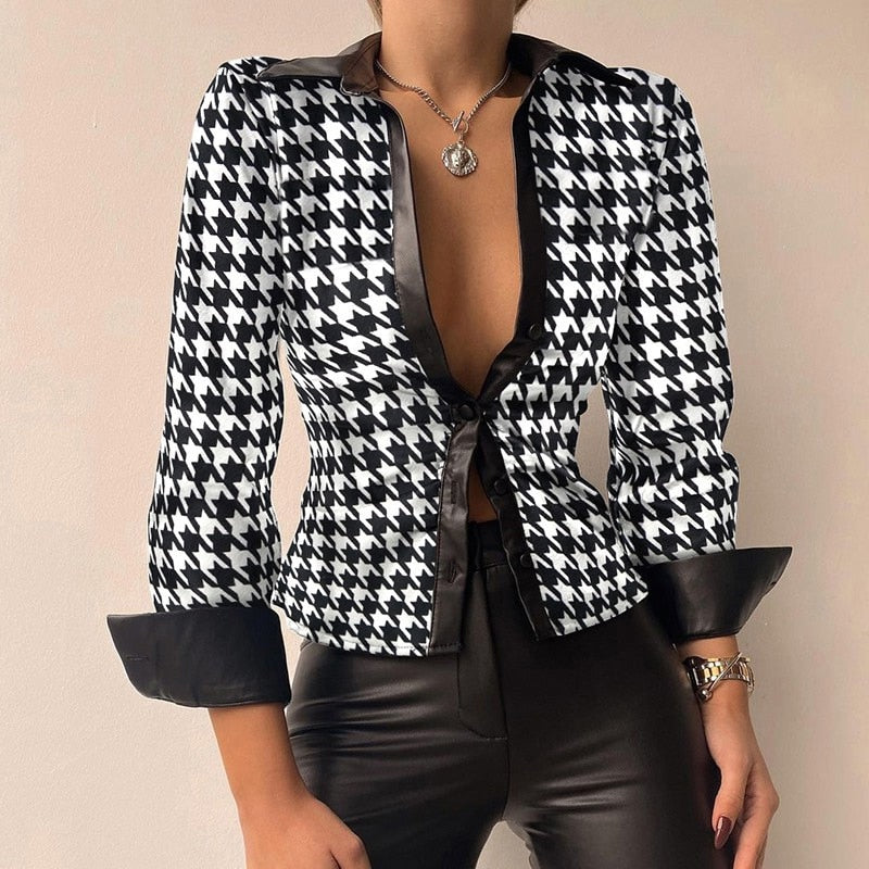 Silvia™ | Blusa in PU Pelle Patchwork con Scollo a V e Maniche Lunghe