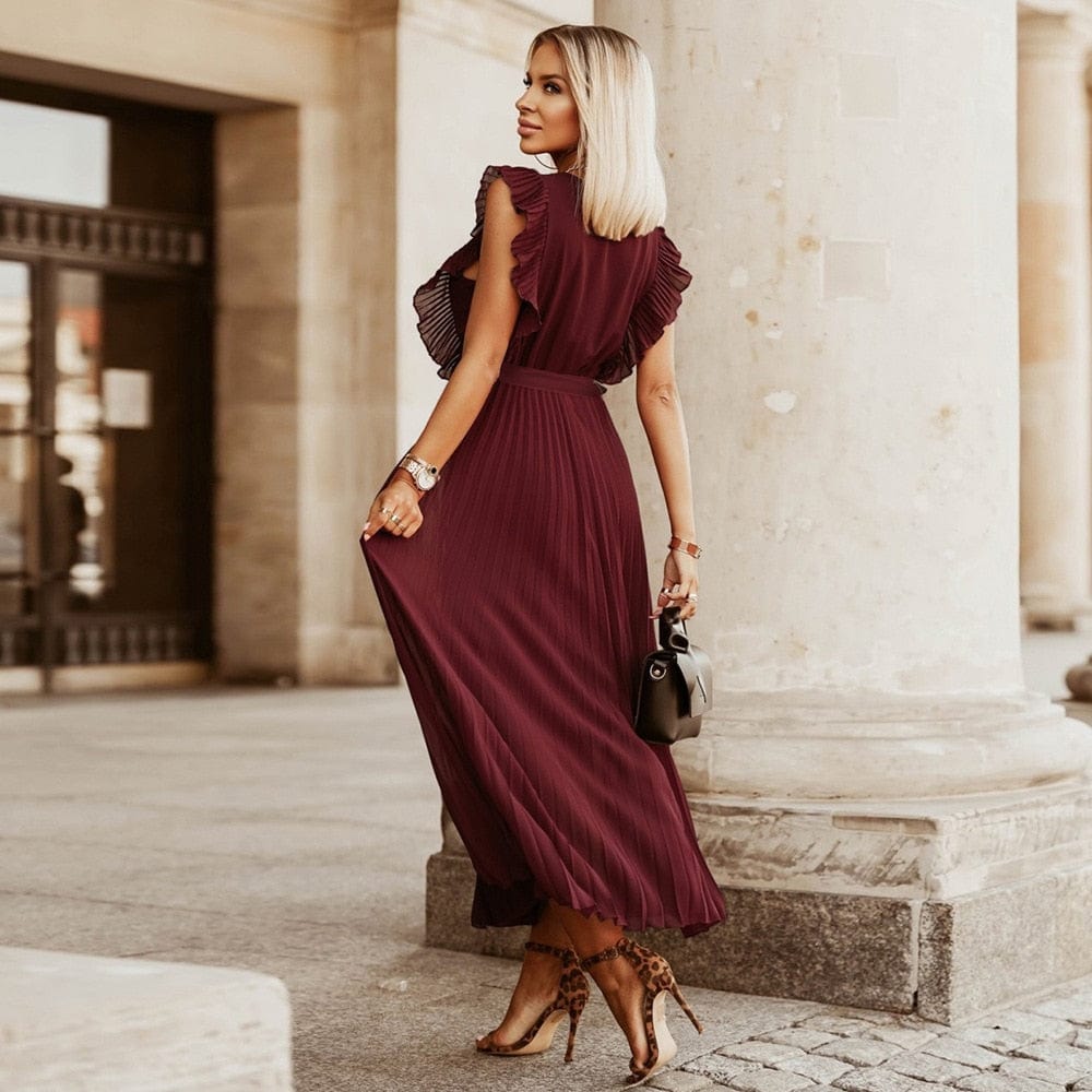 Elena™ | Vestito Bohemien Rosso Scuro con Scollo a V per Occasioni Festive