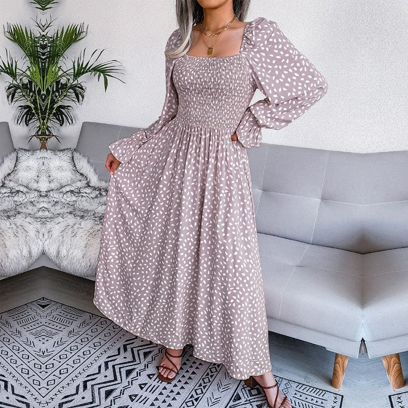 Lotte™ | Elegante Maxi Abito Beige a Maniche Lunghe