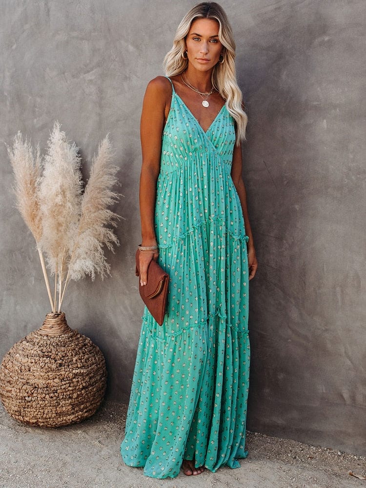 Evi™ | Maxi Abito Verde con Scollatura a V e Stampa Estiva Stile Ibiza