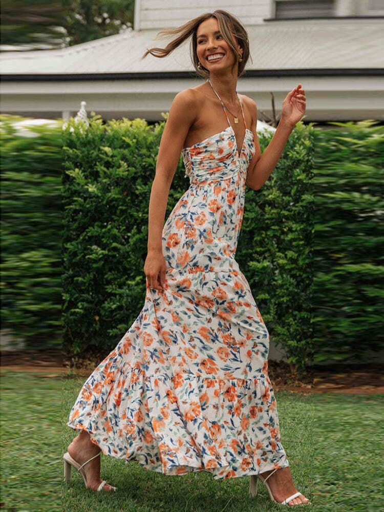 Elin™ | Abito Estivo da Cerimonia con Fiori Arancioni e Scollo a V