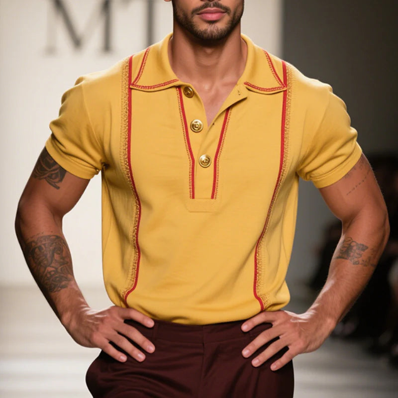 Polo Shirt da Uomo Vintage Casual a Righe Ricamata in Cotone a Maniche Corte