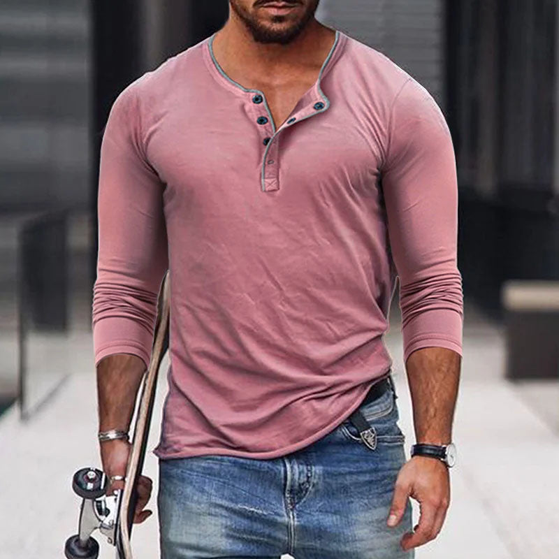 T-shirt a manica lunga slim fit in misto cotone con collo Henley da uomo