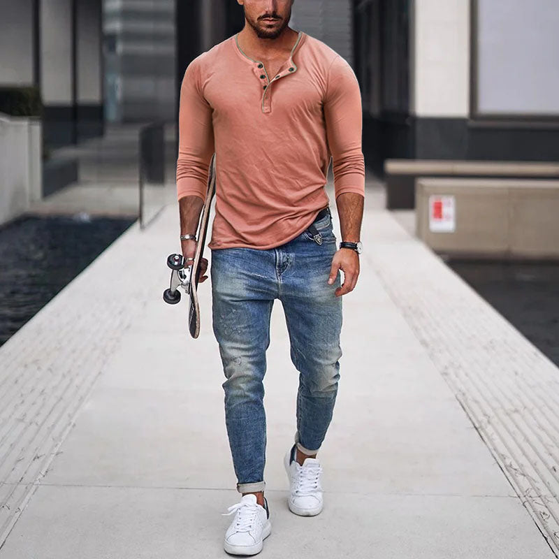 T-shirt a manica lunga slim fit in misto cotone con collo Henley da uomo