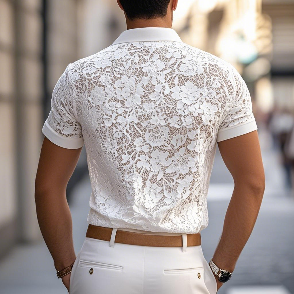 Polo Casual da Uomo con Collo in Pizzo e Maniche Corte