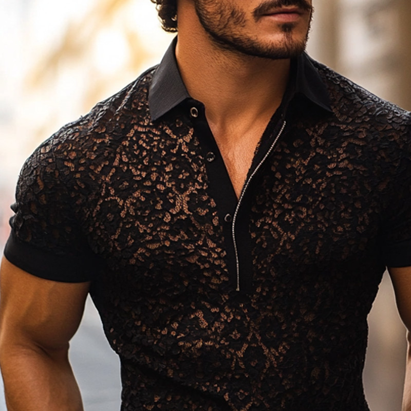 Polo Casual Uomo con Colletto in Pizzo e Maniche Corte