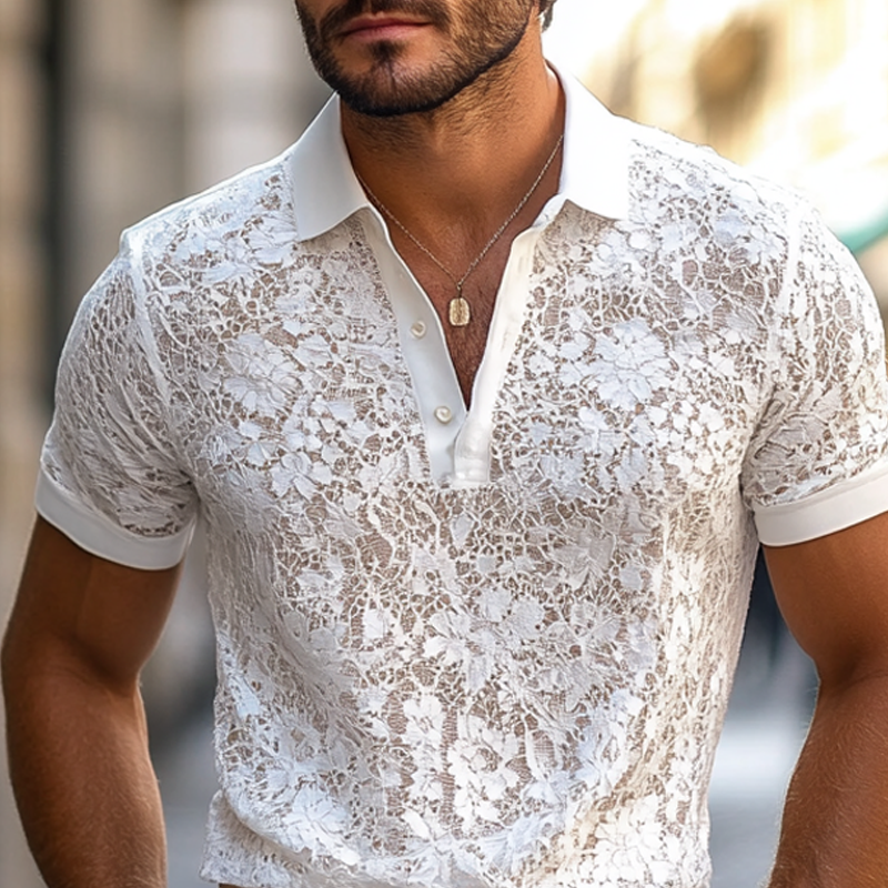 Polo Casual da Uomo con Collo in Pizzo e Maniche Corte