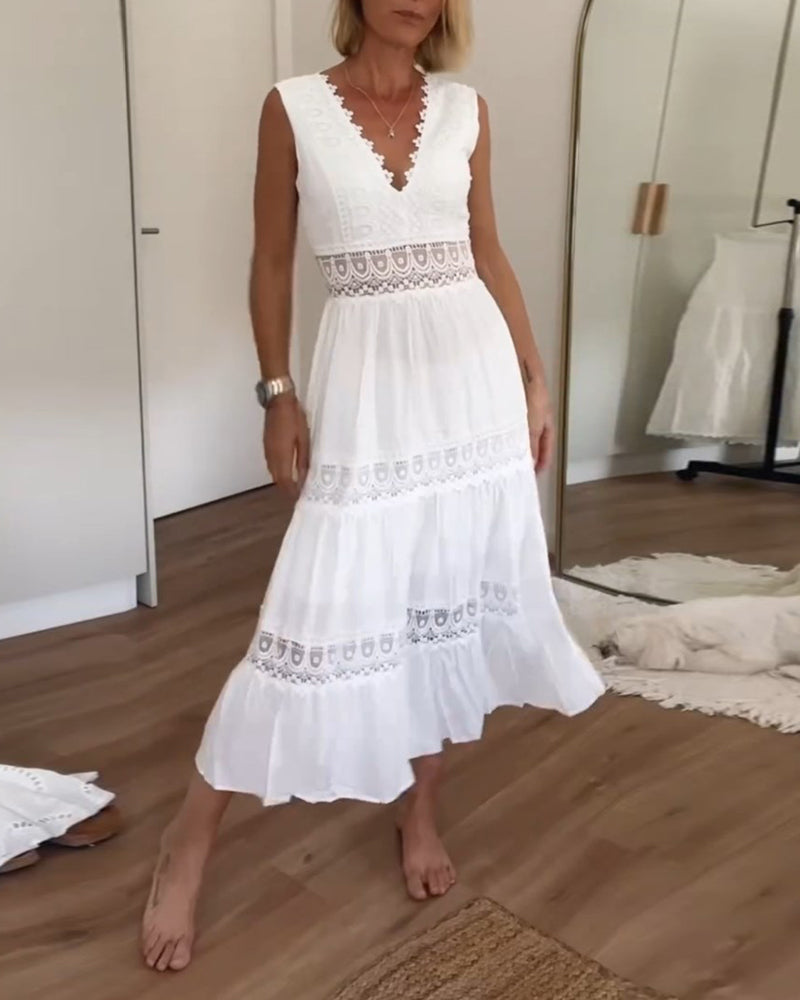 ALYSSA™ | Abito Midi Senza Maniche con Scollo a V e Raffinati Dettagli in Pizzo