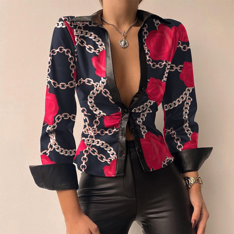 Silvia™ | Blusa in PU Pelle Patchwork con Scollo a V e Maniche Lunghe