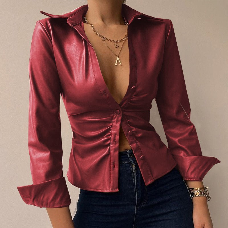 Silvia™ | Blusa in PU Pelle Patchwork con Scollo a V e Maniche Lunghe