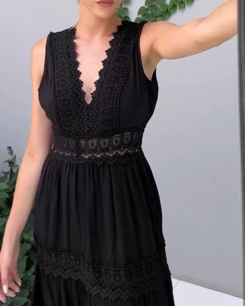 ALYSSA™ | Abito Midi Senza Maniche con Scollo a V e Raffinati Dettagli in Pizzo