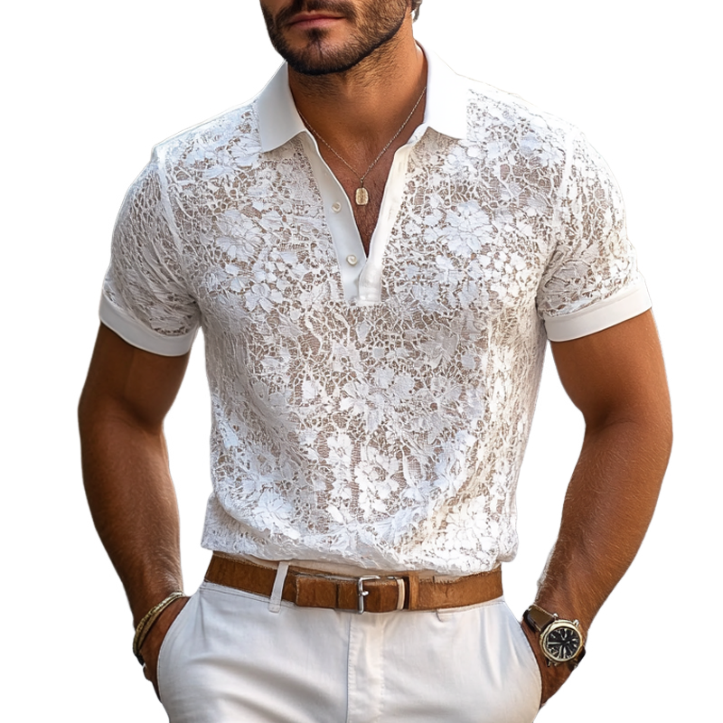 Polo Casual da Uomo con Collo in Pizzo e Maniche Corte
