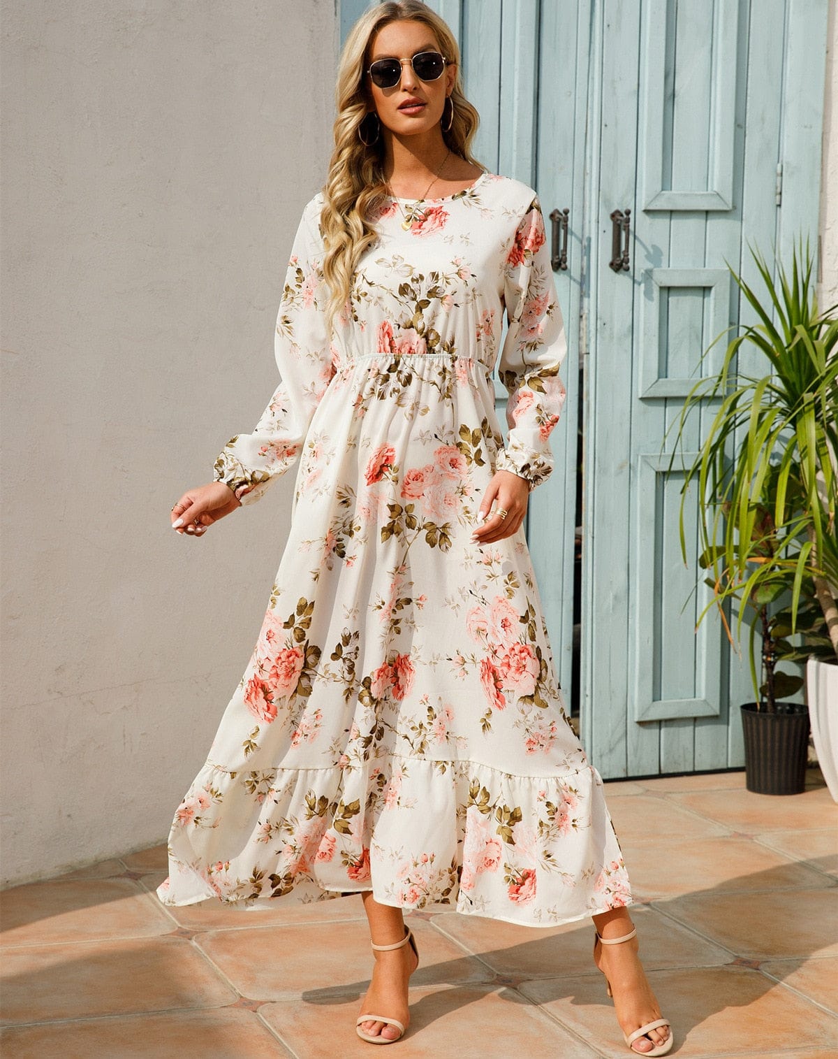 Julia™ | Abito Maxi Bianco con Maniche Lunghe e Stampa Floreale Estiva